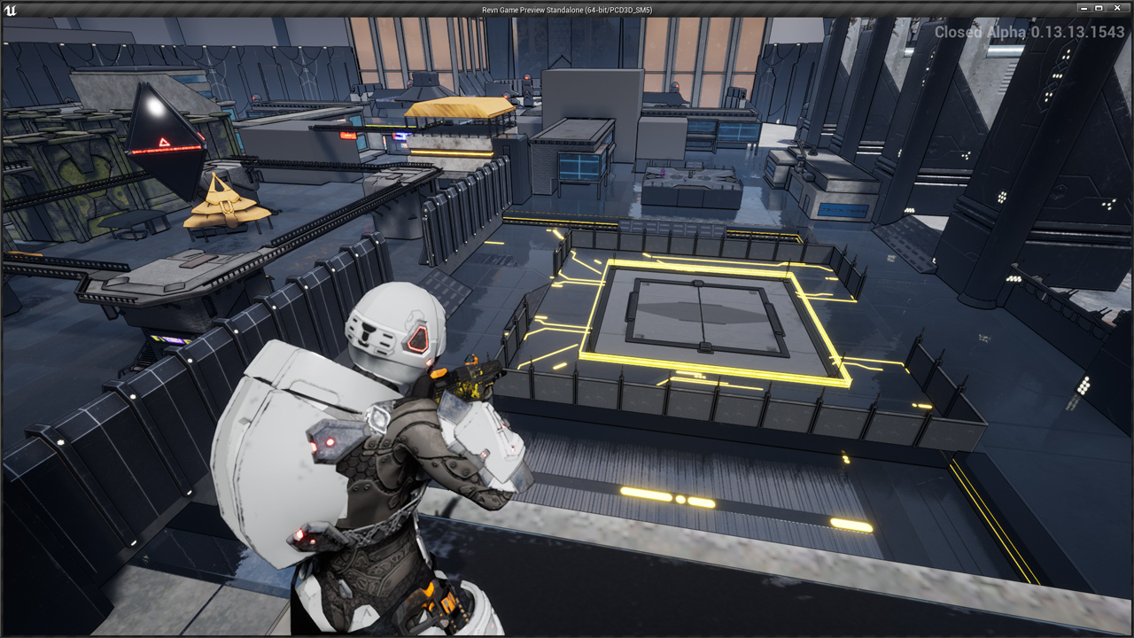 The camera looks over the shoulder of a character on top of a building, showing the 3D MOBA map with lanes and jungle areas