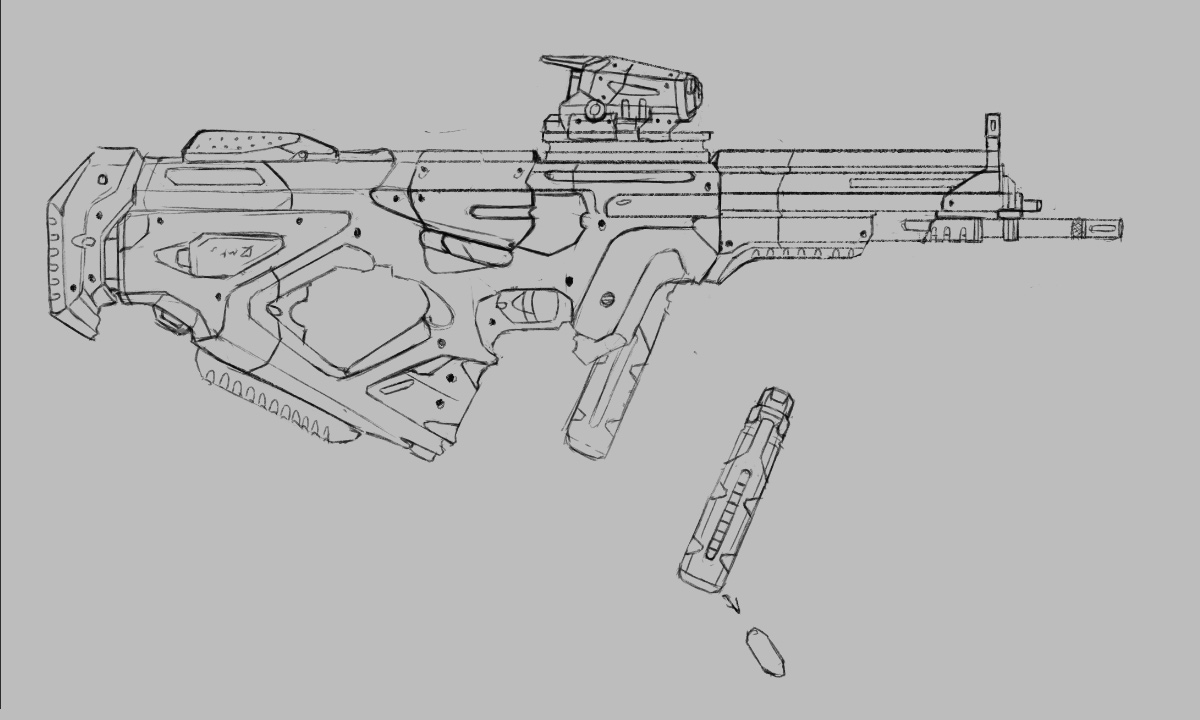 Concept sketch of an assault rifle weapon for REVN MOBA game.