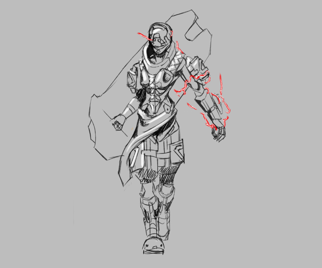 Concept art of MOBA character from REVN in a cybersuit with a shield and electric gauntlet