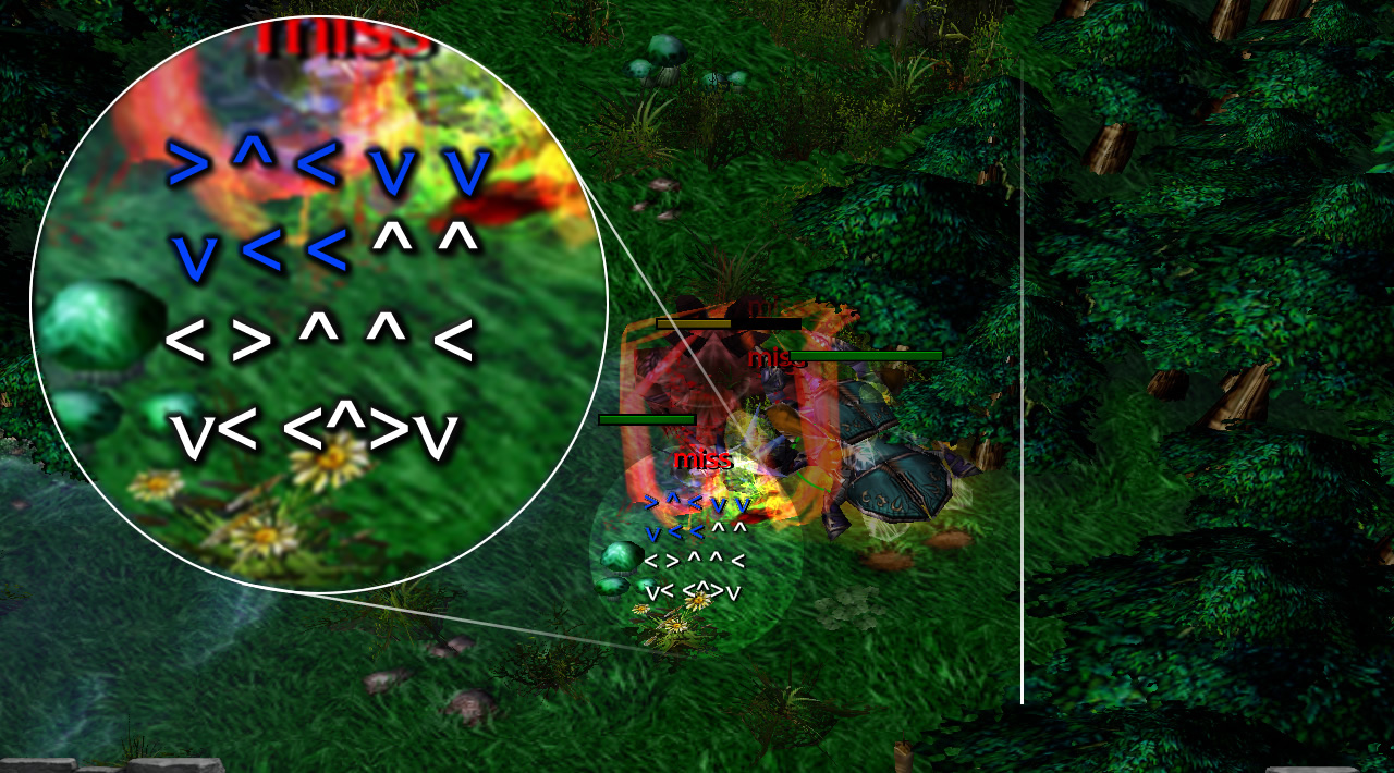 A sequence of the characters '<' '^' '>' and 'v' have shown up on screen, with the first couple in blue to indicate that they were pressed correctly