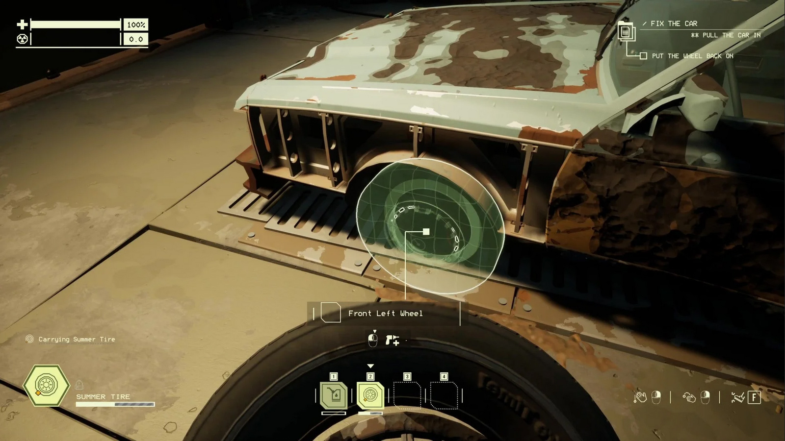 Screenshot from Pacific Drive, where the player is replacing the wheel of a car