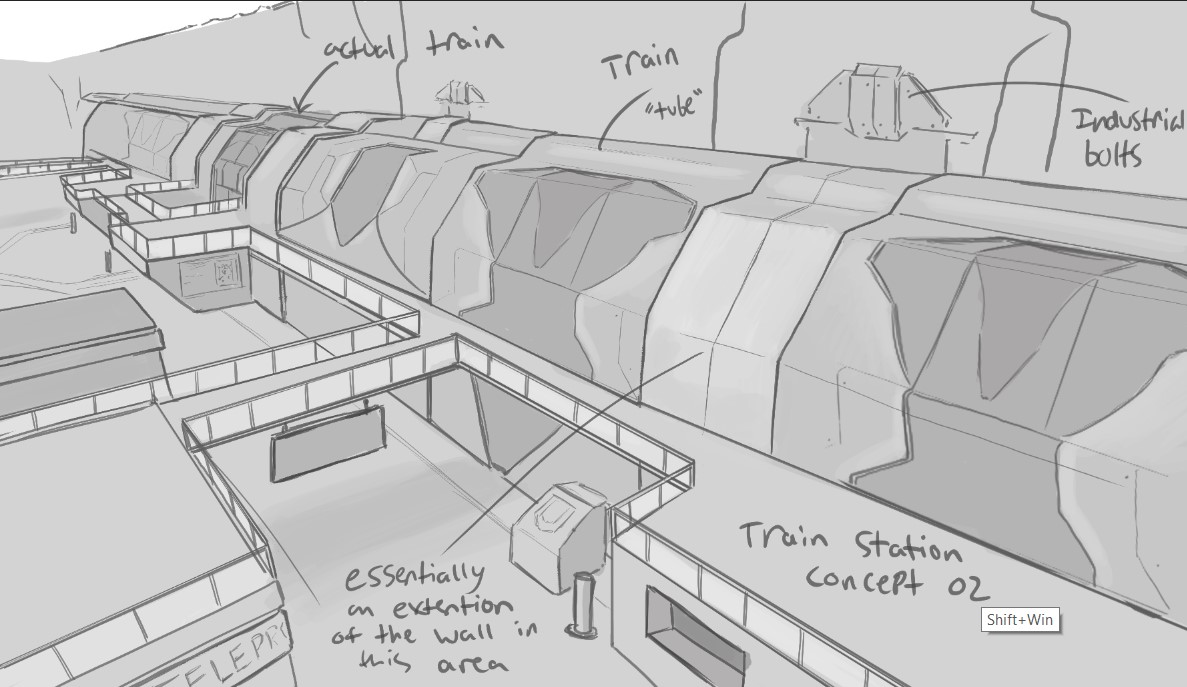 Greyscale sketch showing the planned layout of a train station in the REVN battlefield