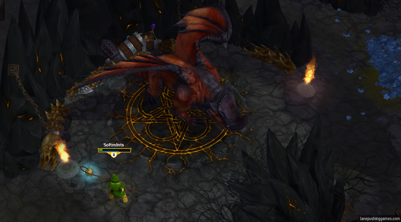 A large red dragon stands on a runic stone circle in a pit.