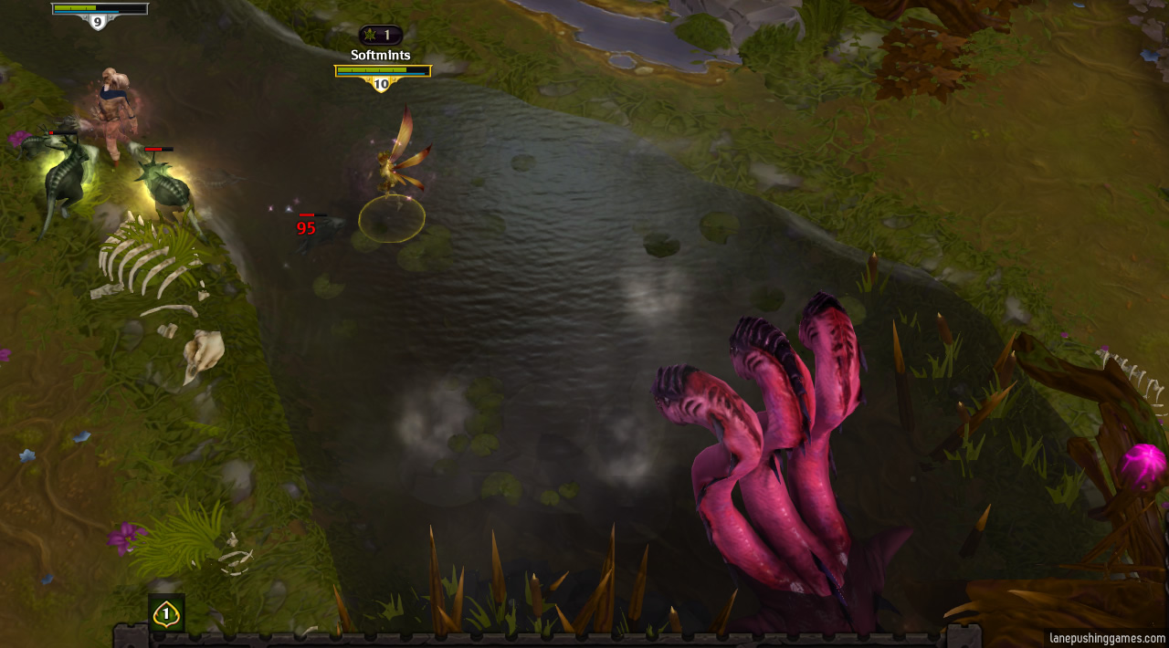 A three-headed hydra emerges from some rushes in the river.