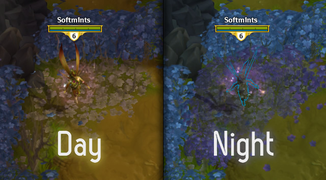Left side shows day with rocky pebbles on the ground, right shows night with blue flowers instead.
