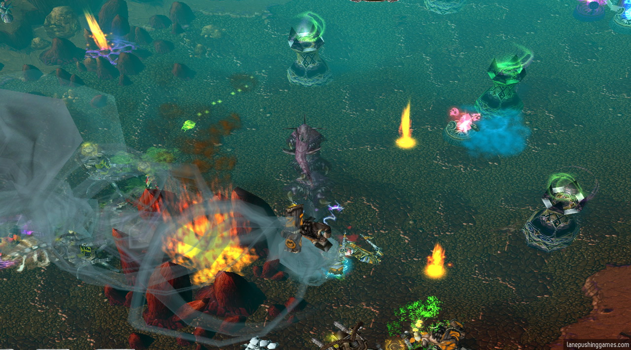 While breaching the enemy base, one tower has a blue cloud effect on it and isn't attacking